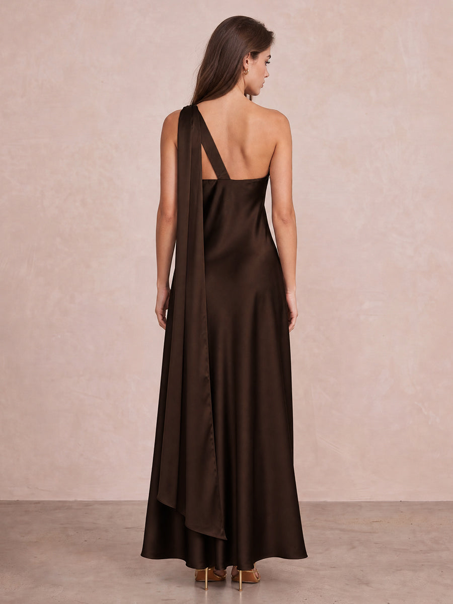 Brown Sheath Ankle Length Satin Wedding Guest Dresses One Shoulder Formal Dresses