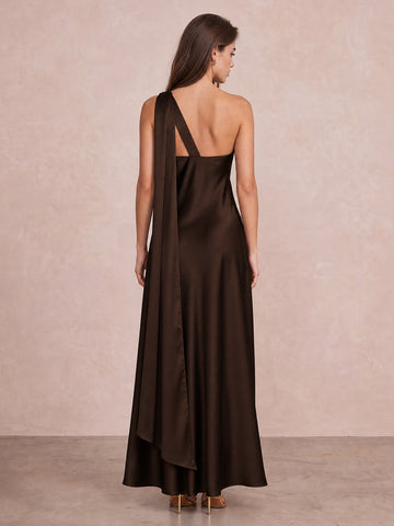 Brown Sheath Ankle Length Satin Wedding Guest Dresses One Shoulder Formal Dresses