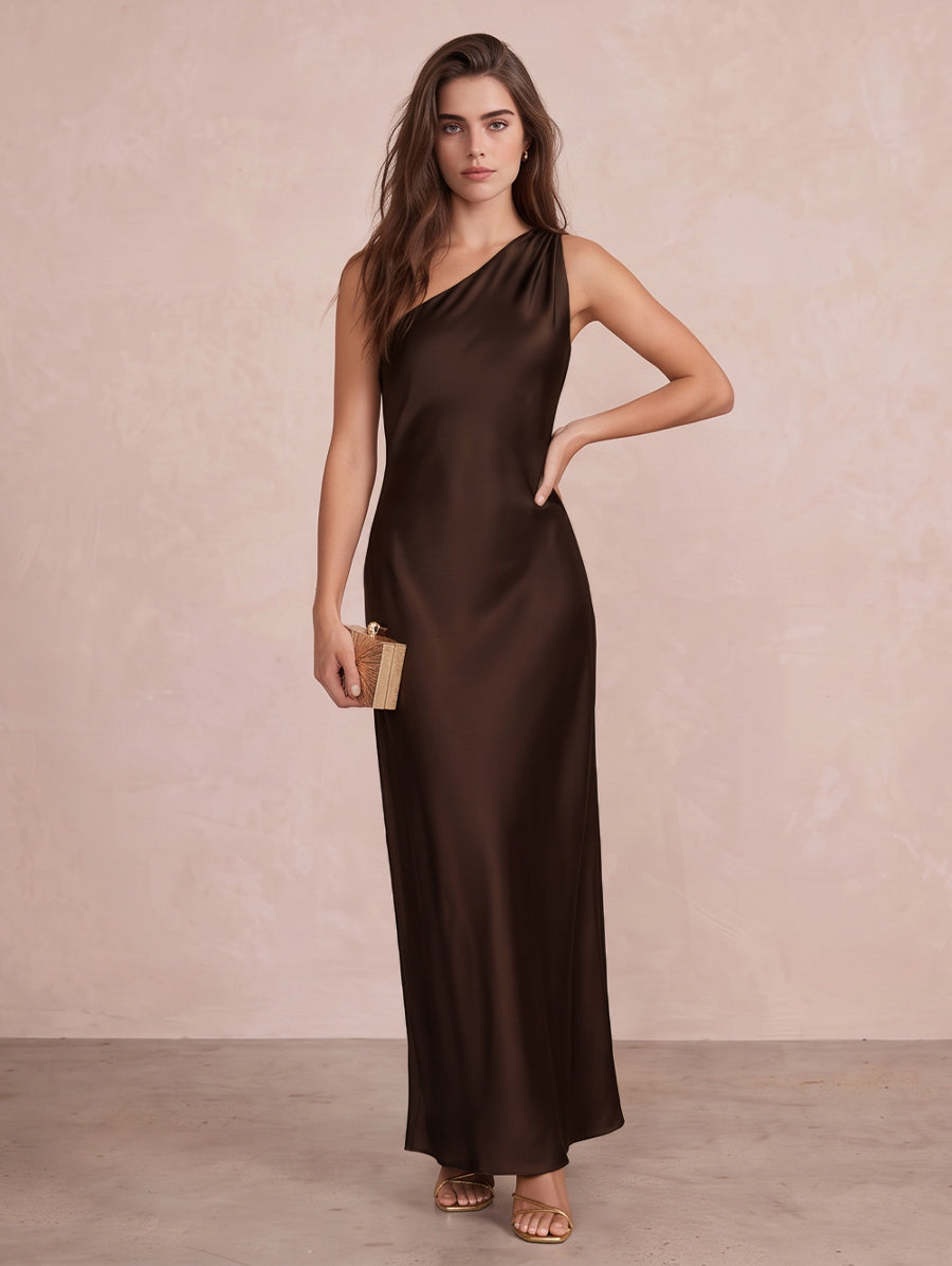 Brown Sheath Ankle Length Satin Wedding Guest Dresses One Shoulder Formal Dresses