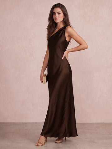 Brown Sheath Ankle Length Satin Wedding Guest Dresses One Shoulder Formal Dresses