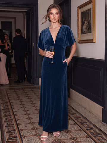 Dark Royal Blue A Line Long Velvet Wedding Guest Dresses Deep V Neck Dolman Sleeve Formal Dresses
