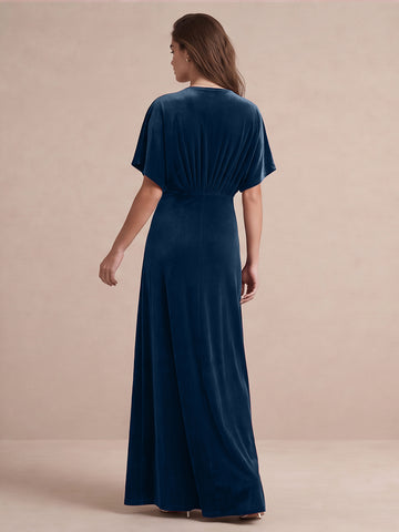 Dark Royal Blue A Line Long Velvet Wedding Guest Dresses Deep V Neck Dolman Sleeve Formal Dresses