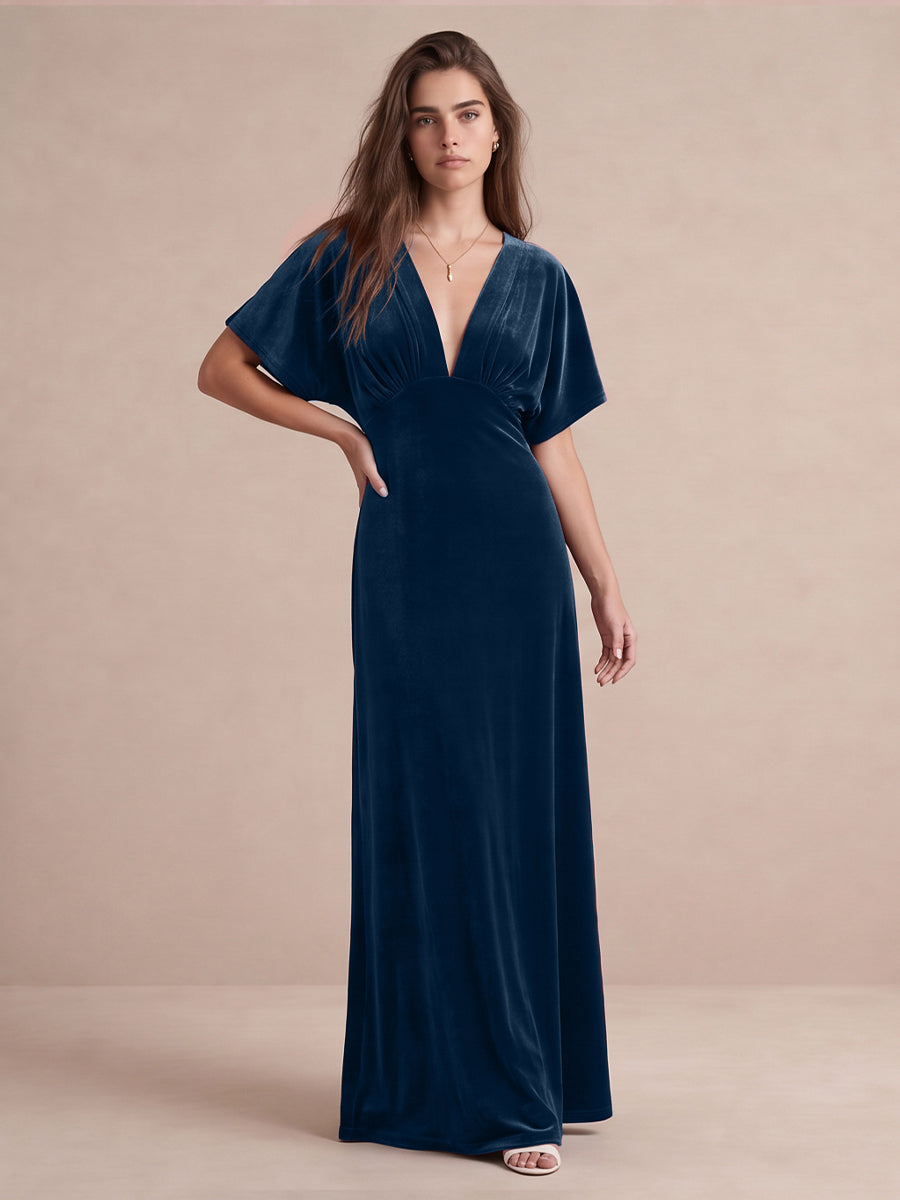 Dark Royal Blue A Line Long Velvet Wedding Guest Dresses Deep V Neck Dolman Sleeve Formal Dresses