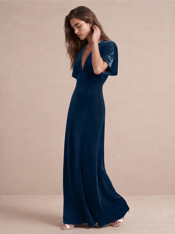 Dark Royal Blue A Line Long Velvet Wedding Guest Dresses Deep V Neck Dolman Sleeve Formal Dresses