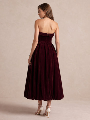 Burgundy A Line Midi Velvet Wedding Guest Dresses Strapless Tube Neck Cocktail Dresses