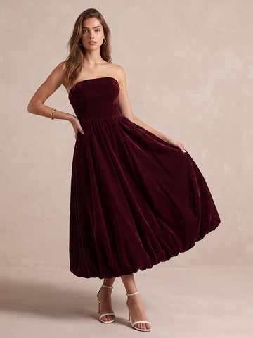 Burgundy A Line Midi Velvet Wedding Guest Dresses Strapless Tube Neck Cocktail Dresses