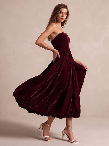 Burgundy A Line Midi Velvet Wedding Guest Dresses Strapless Tube Neck Cocktail Dresses