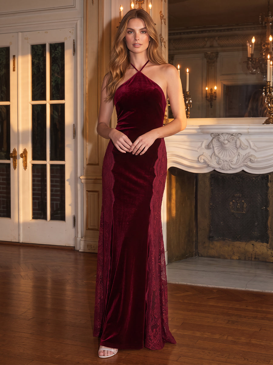 Light Burgundy Mermaid Floor Length Velvet With Lace Wedding Guest Dresses Halter Neck Formal Dresses