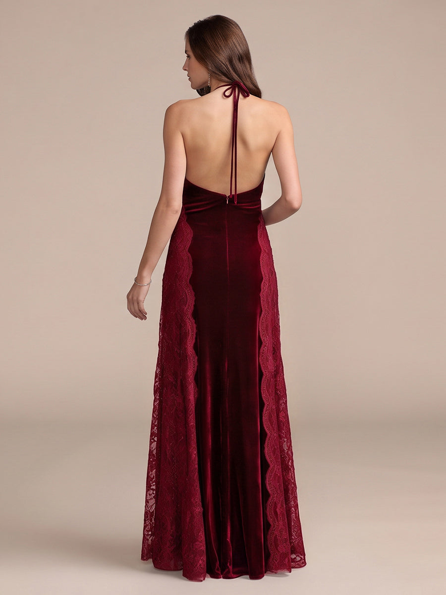 Light Burgundy Mermaid Floor Length Velvet With Lace Wedding Guest Dresses Halter Neck Formal Dresses