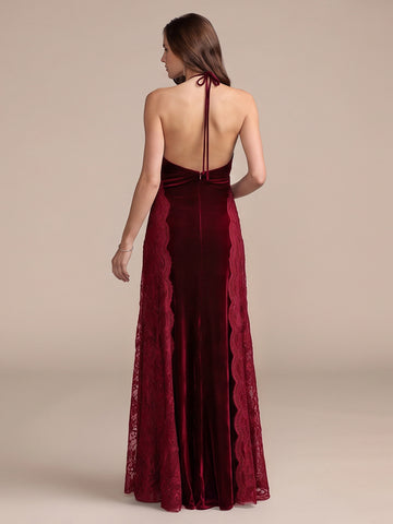 Light Burgundy Mermaid Floor Length Velvet With Lace Wedding Guest Dresses Halter Neck Formal Dresses