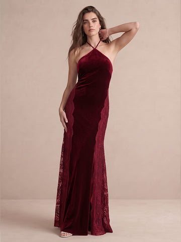 Light Burgundy Mermaid Floor Length Velvet With Lace Wedding Guest Dresses Halter Neck Formal Dresses