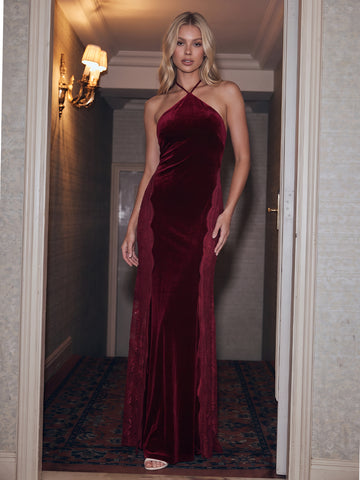 Light Burgundy Mermaid Floor Length Velvet With Lace Wedding Guest Dresses Halter Neck Formal Dresses
