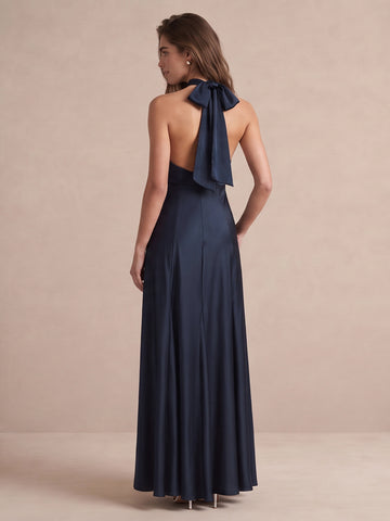 Navy Blue A Line Ankle Length Satin Wedding Guest Dresses Halter Neck Formal Dresses