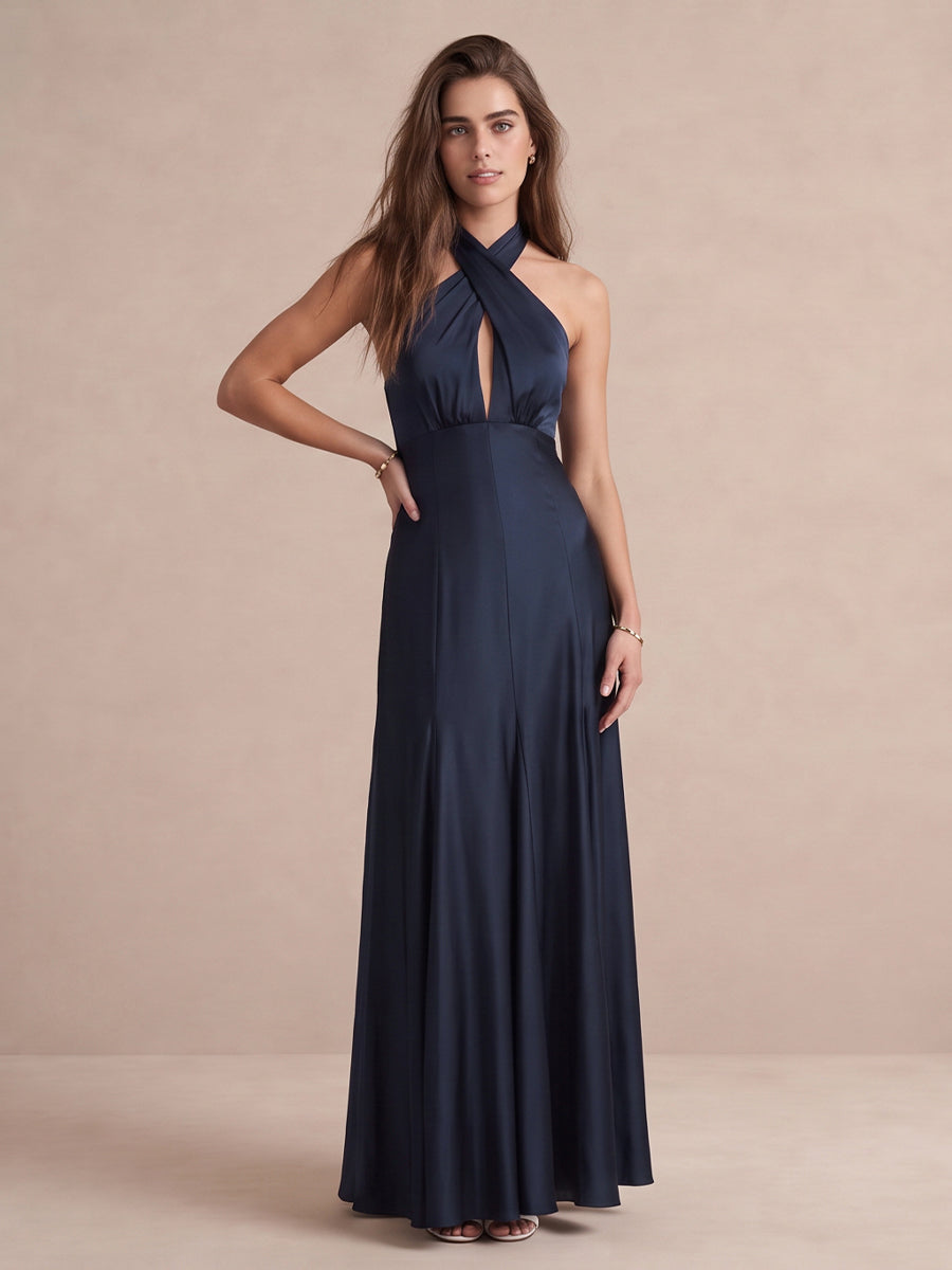 Navy Blue A Line Ankle Length Satin Wedding Guest Dresses Halter Neck Formal Dresses