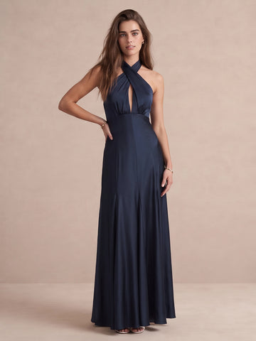 Navy Blue A Line Ankle Length Satin Wedding Guest Dresses Halter Neck Formal Dresses