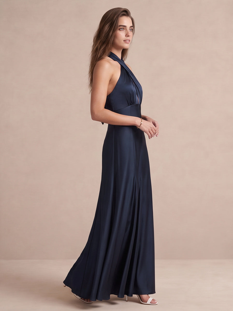 Navy Blue A Line Ankle Length Satin Wedding Guest Dresses Halter Neck Formal Dresses