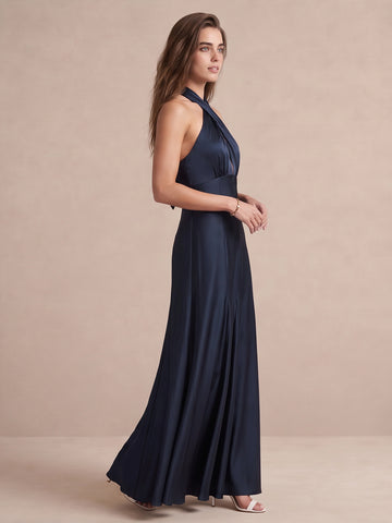 Navy Blue A Line Ankle Length Satin Wedding Guest Dresses Halter Neck Formal Dresses