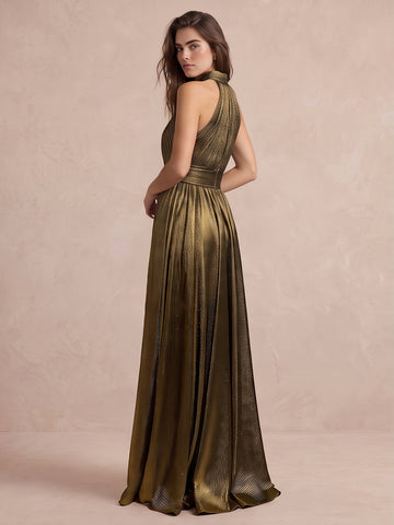 Gold A Line Floor Length Metallic Pleated Wedding Guest Dresses High Halter Neck Formal Dresses