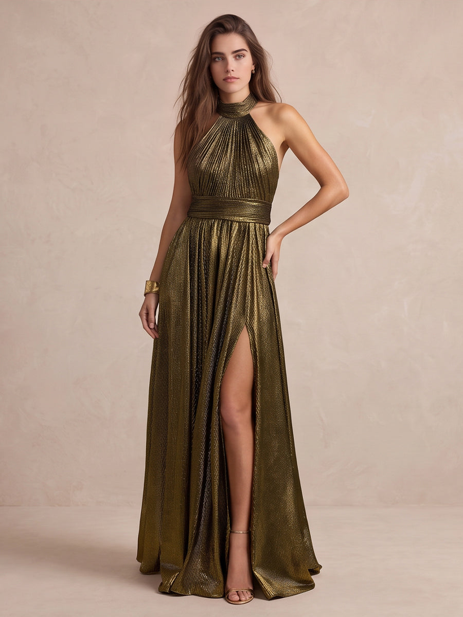 Gold A Line Floor Length Metallic Pleated Wedding Guest Dresses High Halter Neck Formal Dresses