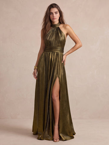 Gold A Line Floor Length Metallic Pleated Wedding Guest Dresses High Halter Neck Formal Dresses