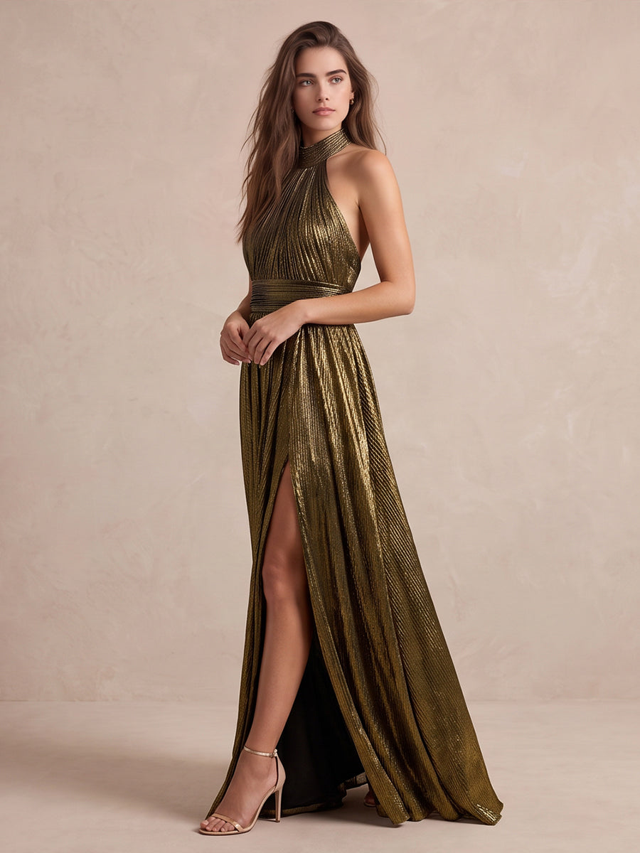 Gold A Line Floor Length Metallic Pleated Wedding Guest Dresses High Halter Neck Formal Dresses