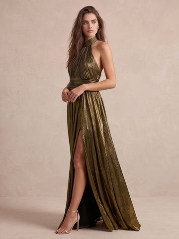 Gold A Line Floor Length Metallic Pleated Wedding Guest Dresses High Halter Neck Formal Dresses