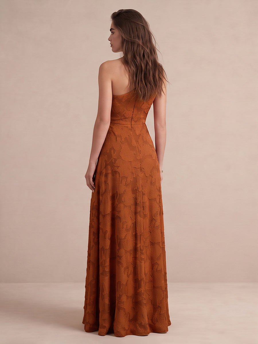 Rust A Line Floor Length Burnout Wedding Guest Dresses One Shoulder Formal Dresses