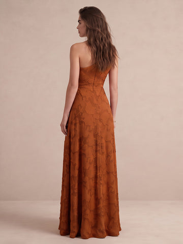 Rust A Line Floor Length Burnout Wedding Guest Dresses One Shoulder Formal Dresses