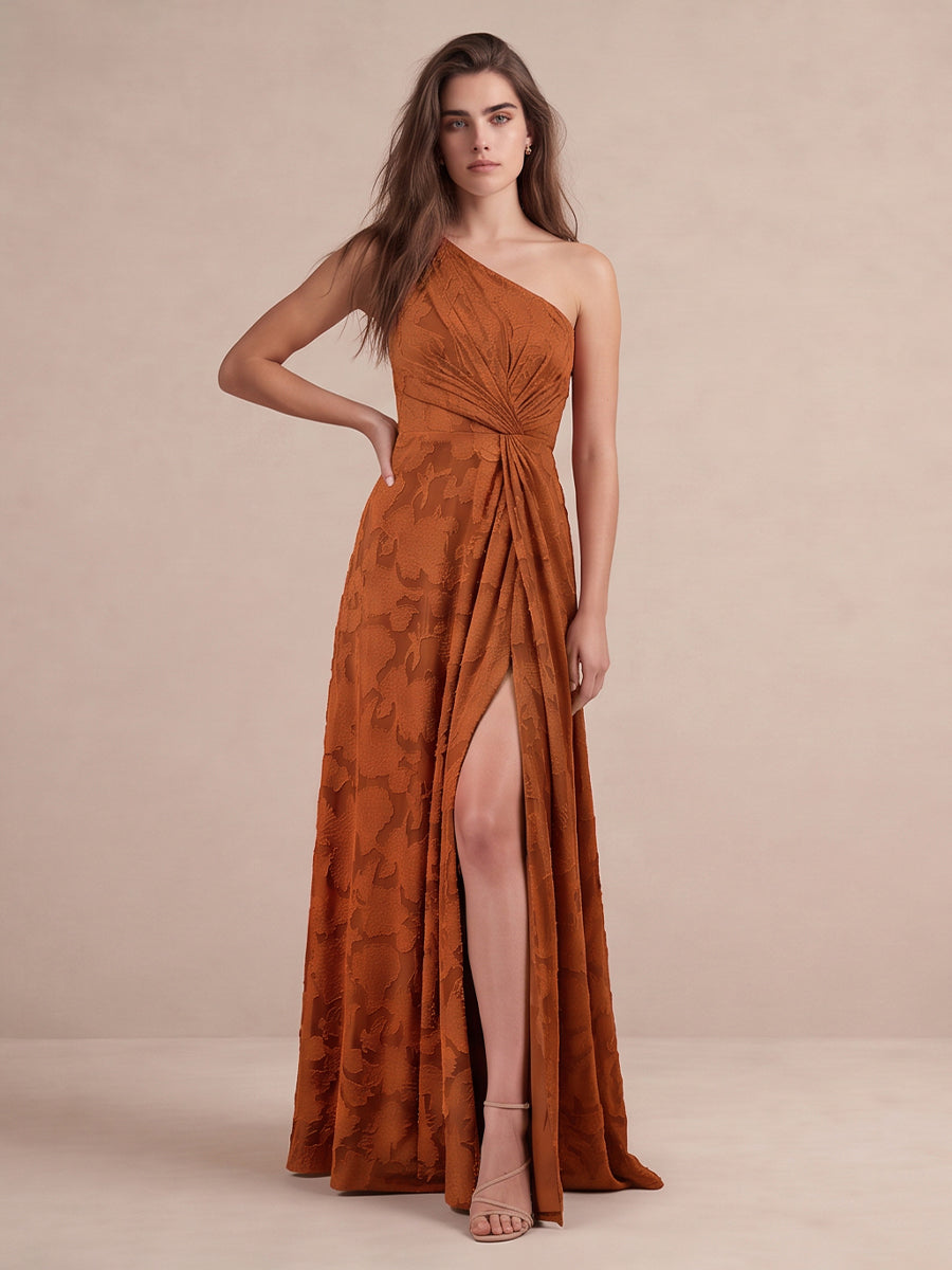 Rust A Line Floor Length Burnout Wedding Guest Dresses One Shoulder Formal Dresses