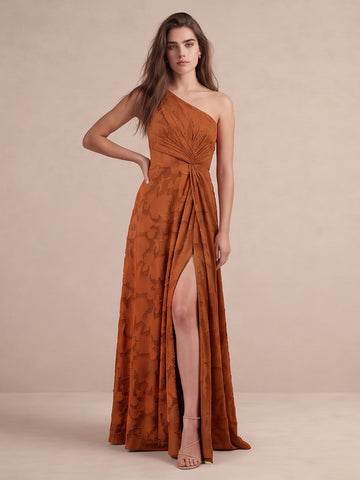 Rust A Line Floor Length Burnout Wedding Guest Dresses One Shoulder Formal Dresses