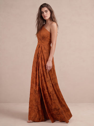 Rust A Line Floor Length Burnout Wedding Guest Dresses One Shoulder Formal Dresses