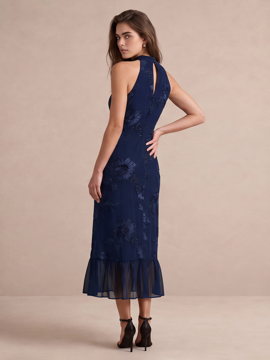 Navy Blue Sheath Midi Appliqued Chiffon Wedding Guest Dresses High Halter Neck Formal Dresses