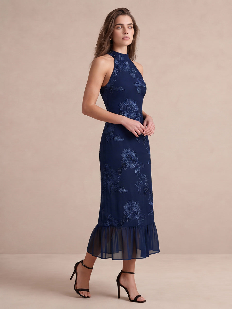 Navy Blue Sheath Midi Appliqued Chiffon Wedding Guest Dresses High Halter Neck Formal Dresses