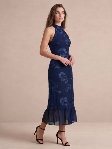 Navy Blue Sheath Midi Appliqued Chiffon Wedding Guest Dresses High Halter Neck Formal Dresses