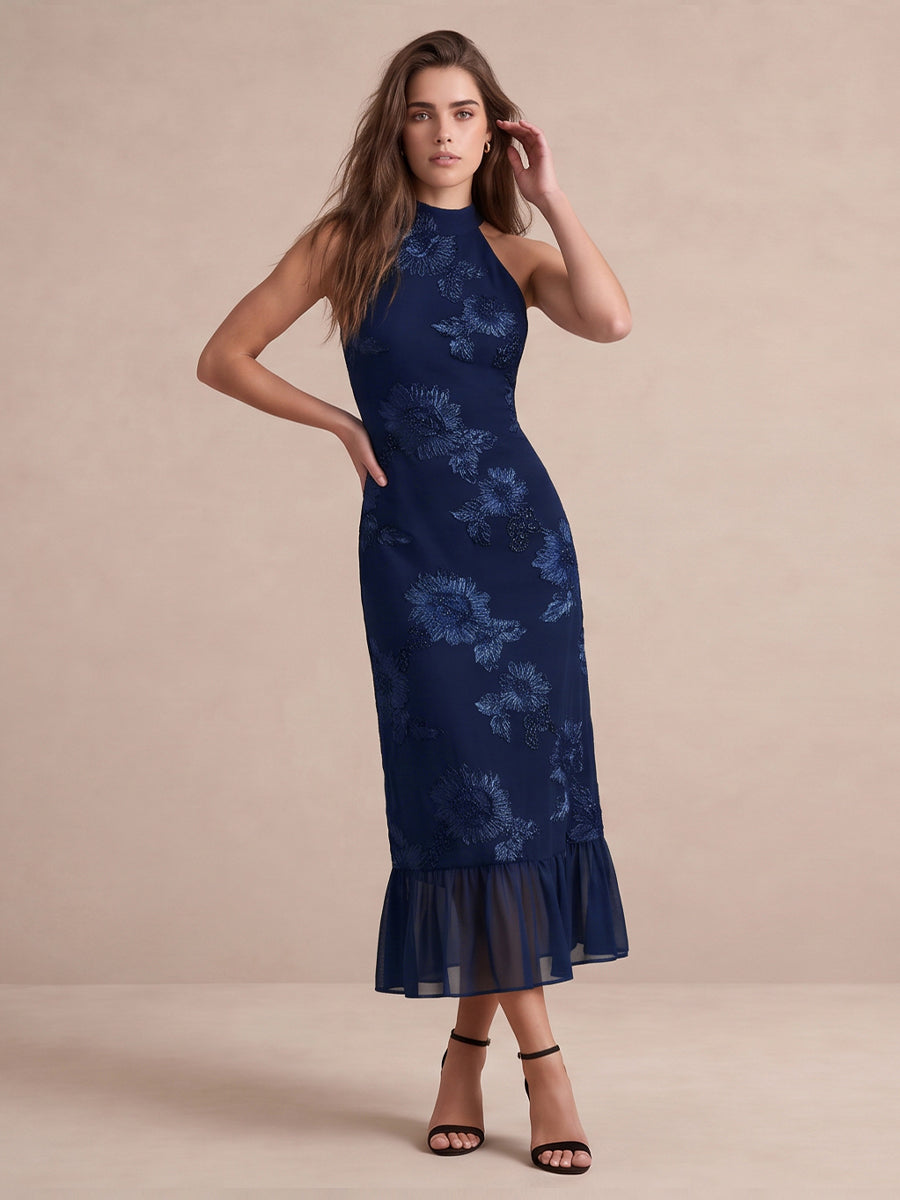Navy Blue Sheath Midi Appliqued Chiffon Wedding Guest Dresses High Halter Neck Formal Dresses