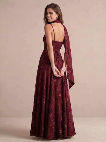 Burgundy A-Line Floor Length Appliqued Tulle Wedding Guest Dresses Strapless Tube Neck Formal Dresses