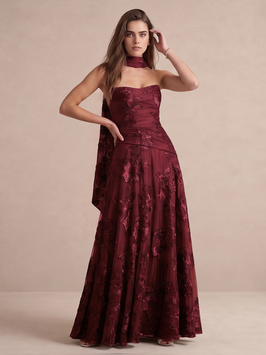 Burgundy A-Line Floor Length Appliqued Tulle Wedding Guest Dresses Strapless Tube Neck Formal Dresses