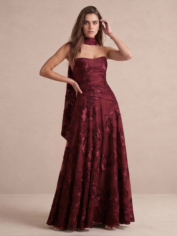 Burgundy A-Line Floor Length Appliqued Tulle Wedding Guest Dresses Strapless Tube Neck Formal Dresses