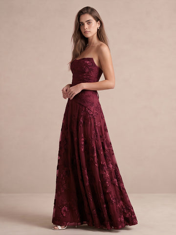 Burgundy A-Line Floor Length Appliqued Tulle Wedding Guest Dresses Strapless Tube Neck Formal Dresses