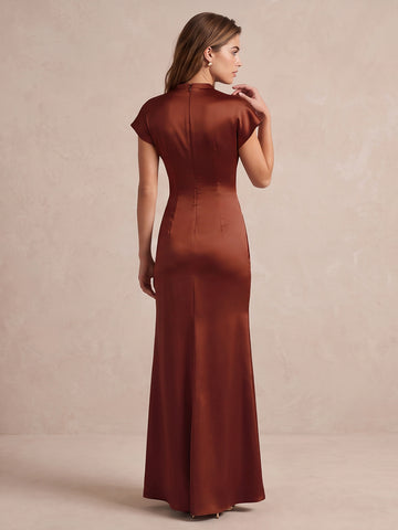 Rust Sheath Floor Length Satin Wedding Guest Dresses High Mock Neck Formal Dresses