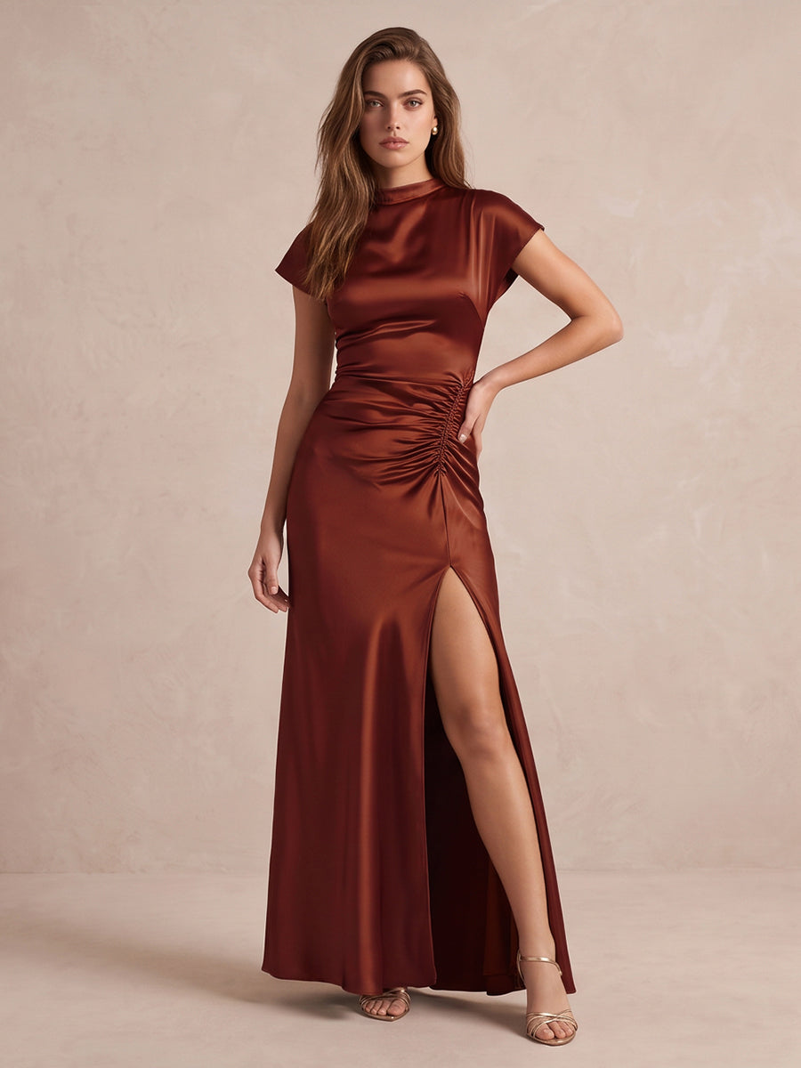 Rust Sheath Floor Length Satin Wedding Guest Dresses High Mock Neck Formal Dresses