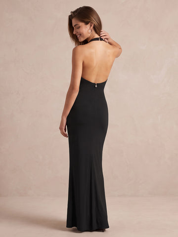 Black Mermaid Long Lace Wedding Guest Dresses Halter V Neck Formal Dresses