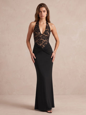 Black Mermaid Long Lace Wedding Guest Dresses Halter V Neck Formal Dresses