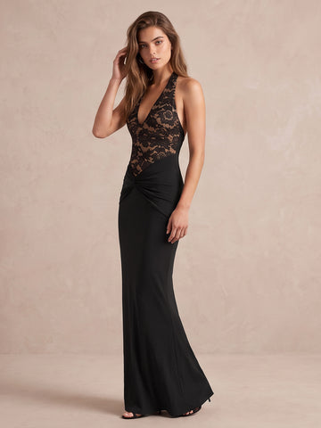 Black Mermaid Long Lace Wedding Guest Dresses Halter V Neck Formal Dresses