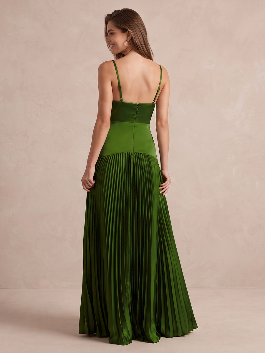 Olive Green A Line Long Satin Pleated Wedding Guest Dresses Spaghetti Strap V Neck Formal Dresses