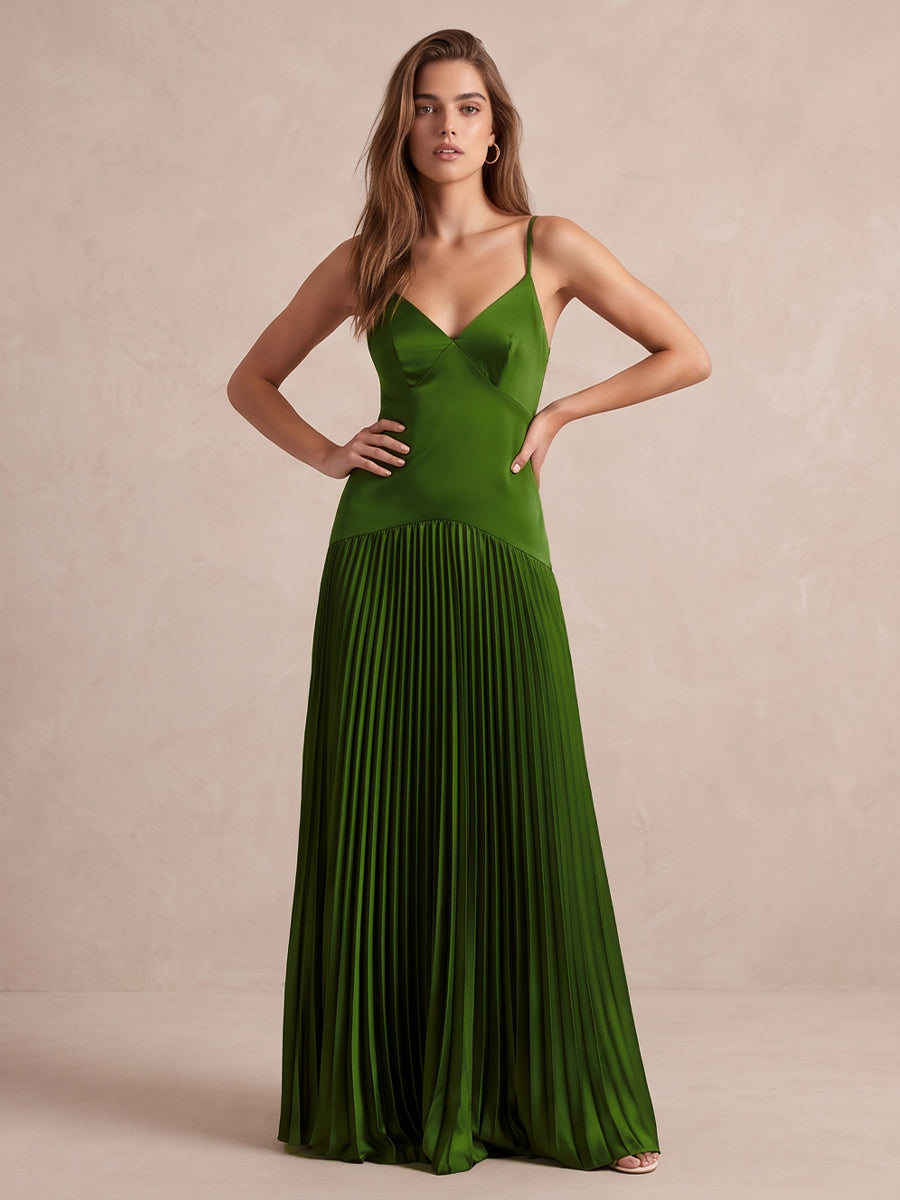Olive Green A Line Long Satin Pleated Wedding Guest Dresses Spaghetti Strap V Neck Formal Dresses