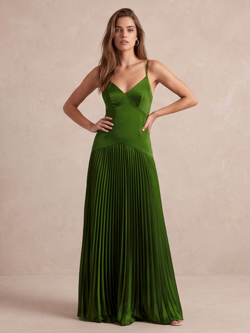 Olive Green A Line Long Satin Pleated Wedding Guest Dresses Spaghetti Strap V Neck Formal Dresses