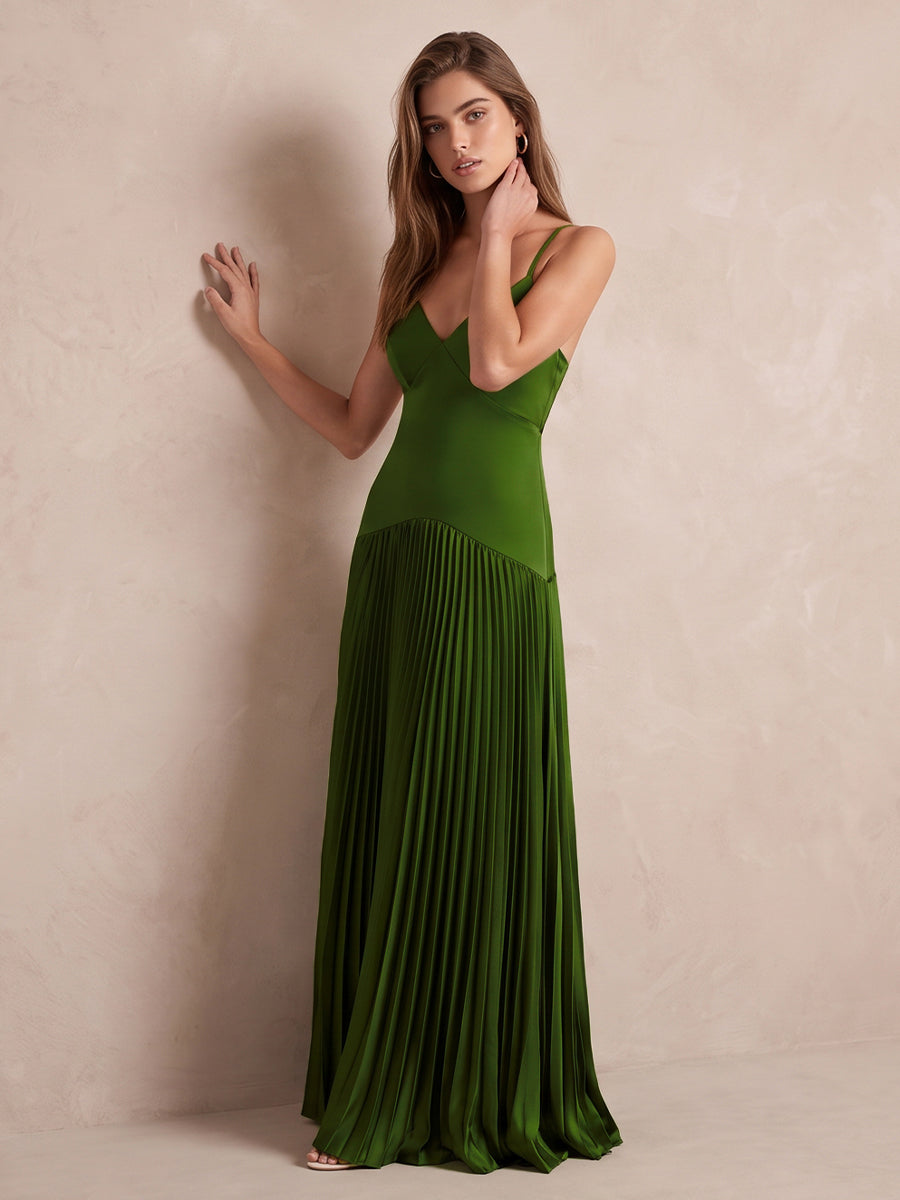 Olive Green A Line Long Satin Pleated Wedding Guest Dresses Spaghetti Strap V Neck Formal Dresses
