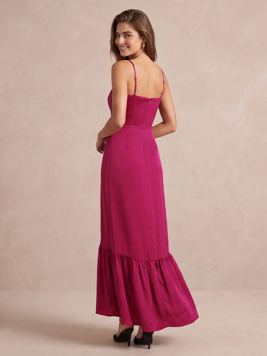 Fuchsia A Line Ankle Length Satin Wedding Guest Dresses Spaghetti Strap Formal Dresses