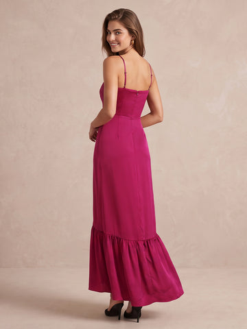 Fuchsia A Line Ankle Length Satin Wedding Guest Dresses Spaghetti Strap Formal Dresses